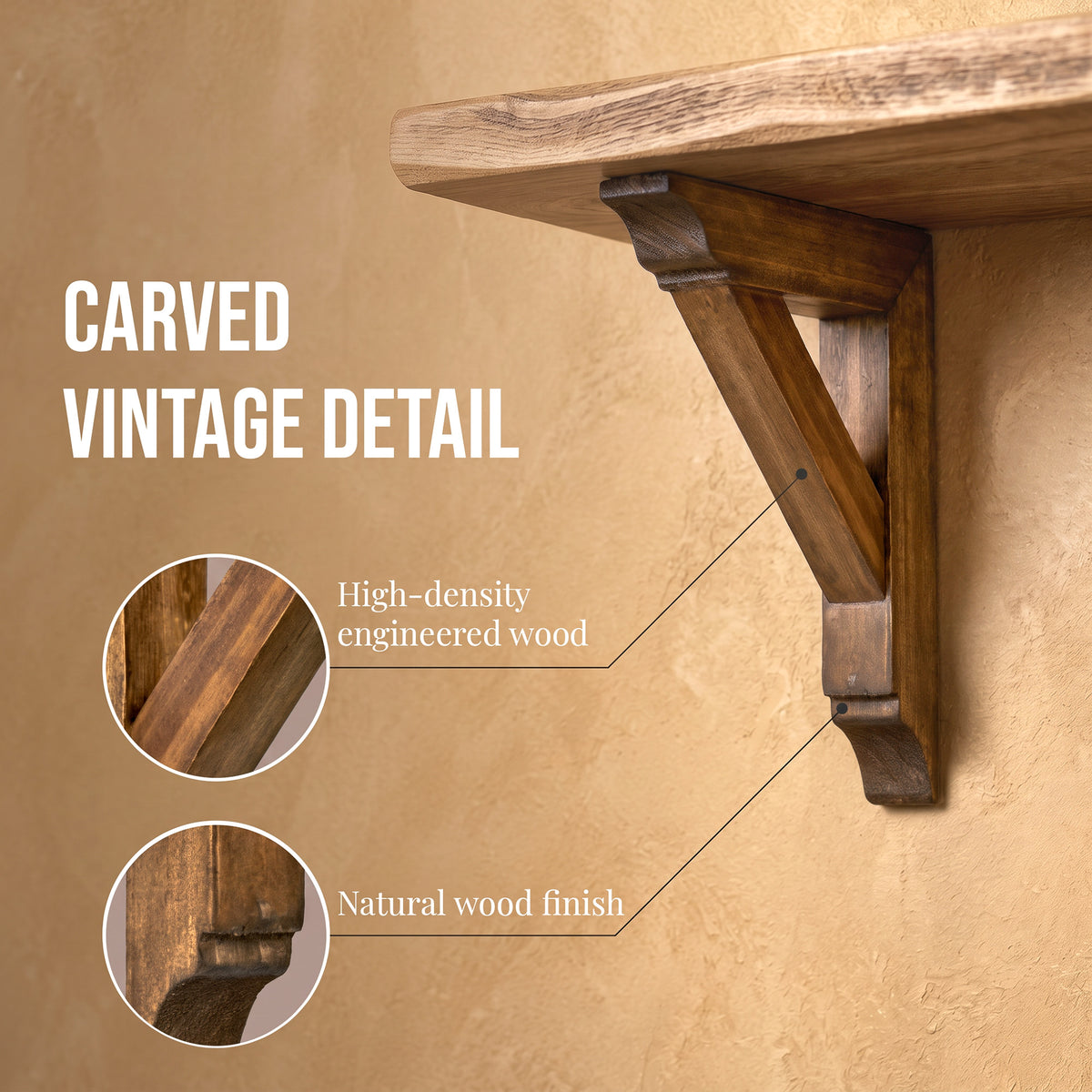 Set of two 6.75-inch natural wood corbels with distressed burnt highlights and keyhole slots, styled as compact rustic farmhouse shelf brackets and architectural wall accents.