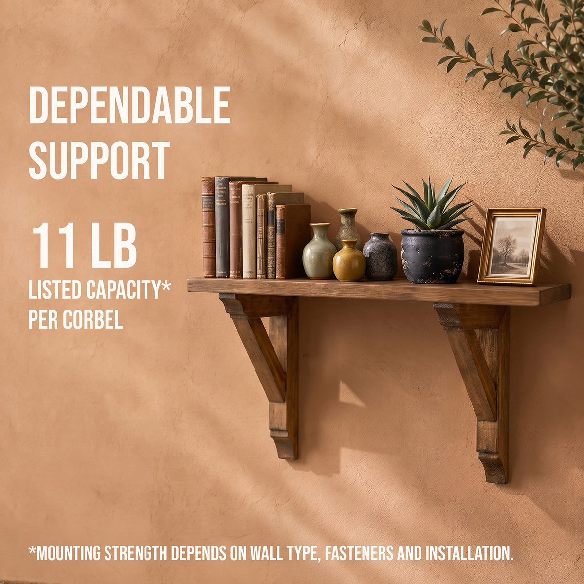 Set of two 6.75-inch natural wood corbels with distressed burnt highlights and keyhole slots, styled as compact rustic farmhouse shelf brackets and architectural wall accents.