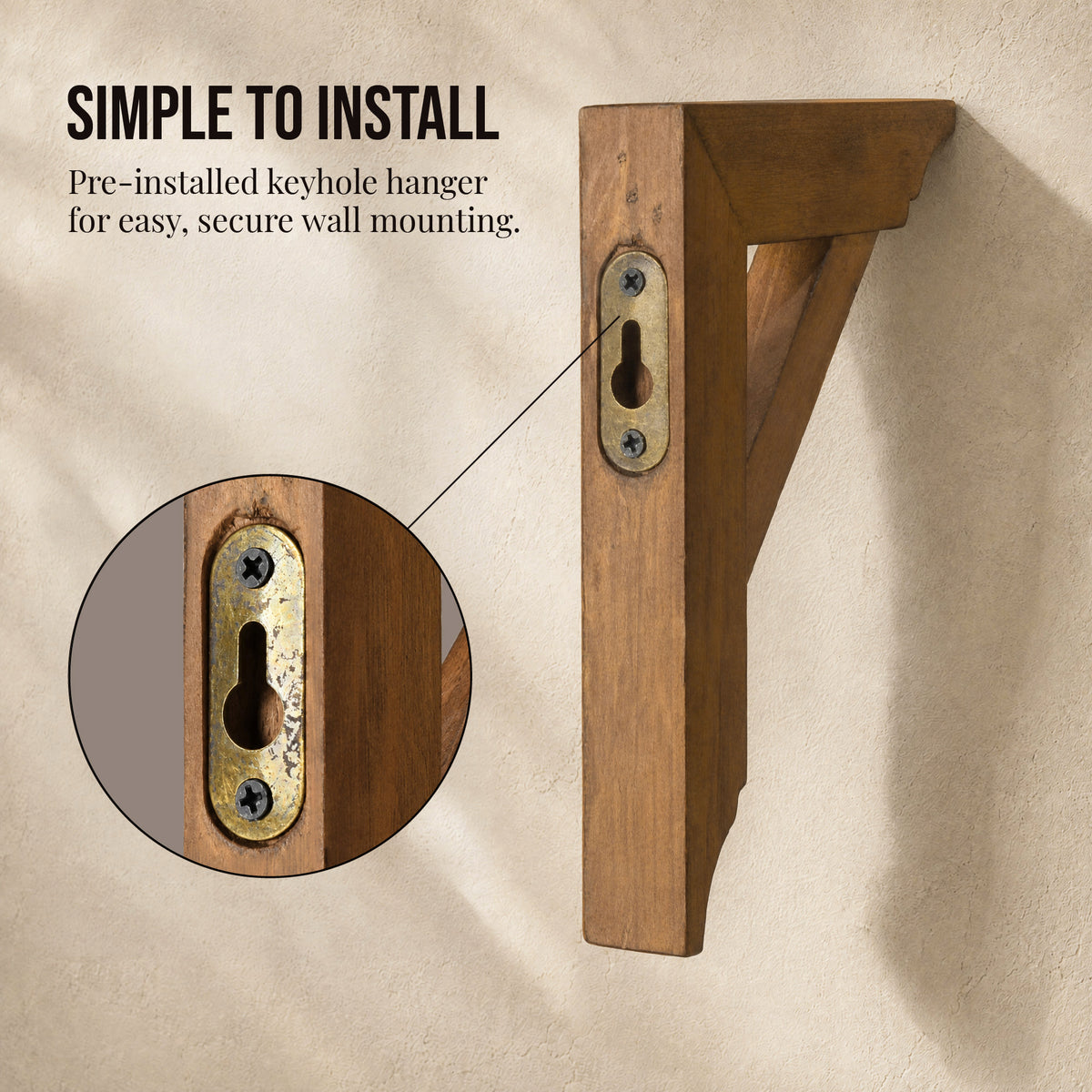 Set of two 6.75-inch natural wood corbels with distressed burnt highlights and keyhole slots, styled as compact rustic farmhouse shelf brackets and architectural wall accents.