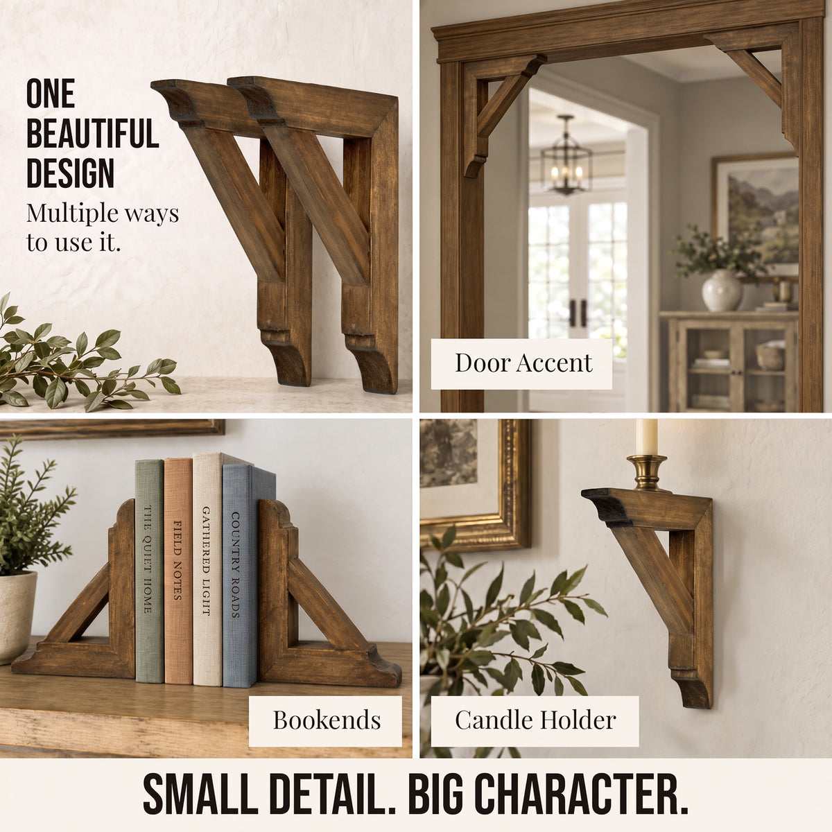 Set of two 6.75-inch natural wood corbels with distressed burnt highlights and keyhole slots, styled as compact rustic farmhouse shelf brackets and architectural wall accents.