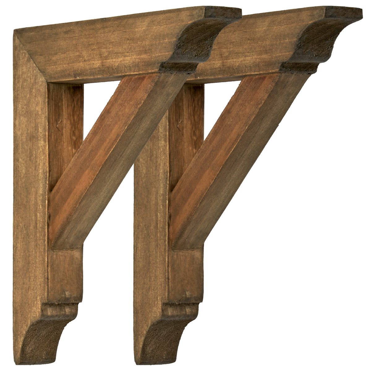 Set of two 6.75-inch natural wood corbels with distressed burnt highlights and keyhole slots, styled as compact rustic farmhouse shelf brackets and architectural wall accents.