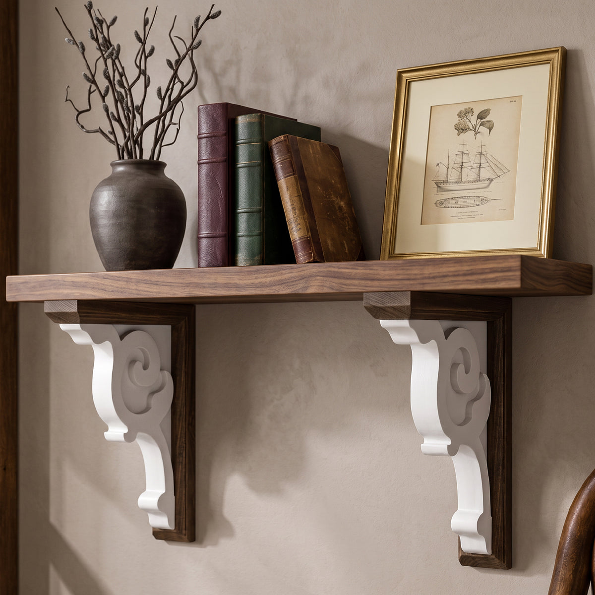 Set of two white decorative corbels with dark brown backing, carved scroll detail and keyhole slots, styled as farmhouse shelf brackets and architectural accents for mantels and doorways.