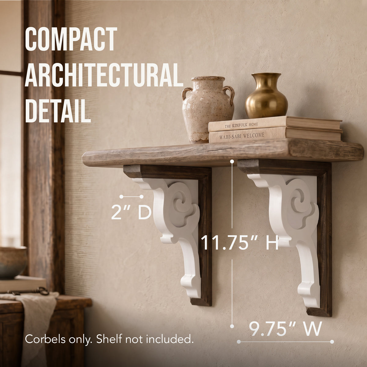 Set of two white decorative corbels with dark brown backing, carved scroll detail and keyhole slots, styled as farmhouse shelf brackets and architectural accents for mantels and doorways.