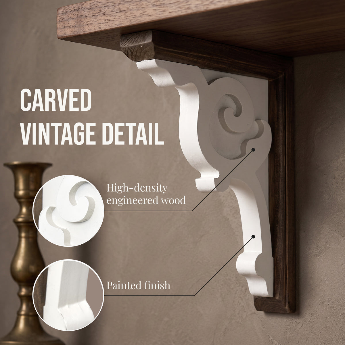 Set of two white decorative corbels with dark brown backing, carved scroll detail and keyhole slots, styled as farmhouse shelf brackets and architectural accents for mantels and doorways.