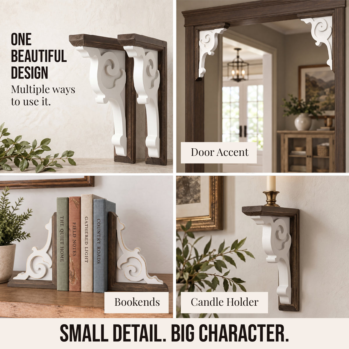 Set of two white decorative corbels with dark brown backing, carved scroll detail and keyhole slots, styled as farmhouse shelf brackets and architectural accents for mantels and doorways.