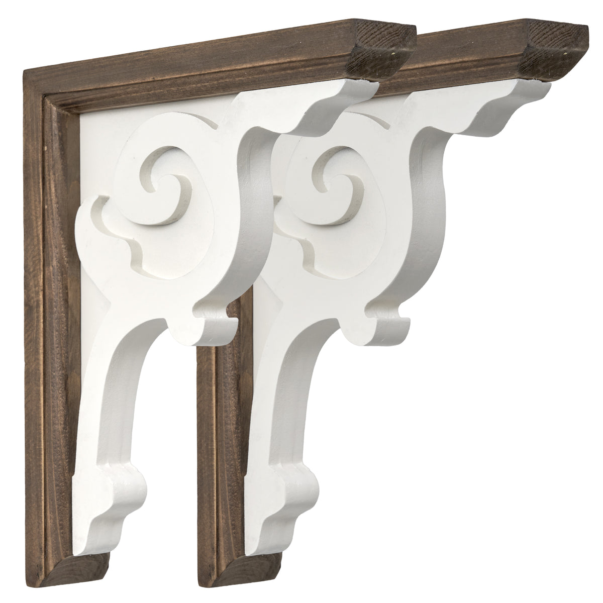 Set of two white decorative corbels with dark brown backing, carved scroll detail and keyhole slots, styled as farmhouse shelf brackets and architectural accents for mantels and doorways.