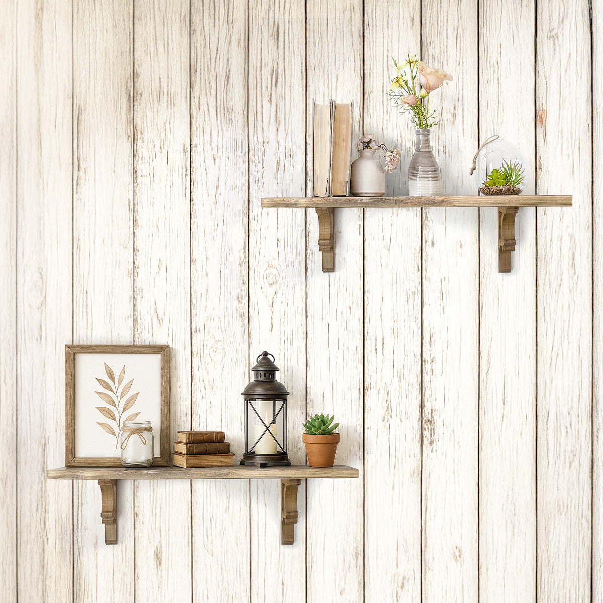 Set of two natural brown wood corbels with carved vintage curves and keyhole slots, styled as compact architectural accents for shelves, doorways, bookends and mantel displays.