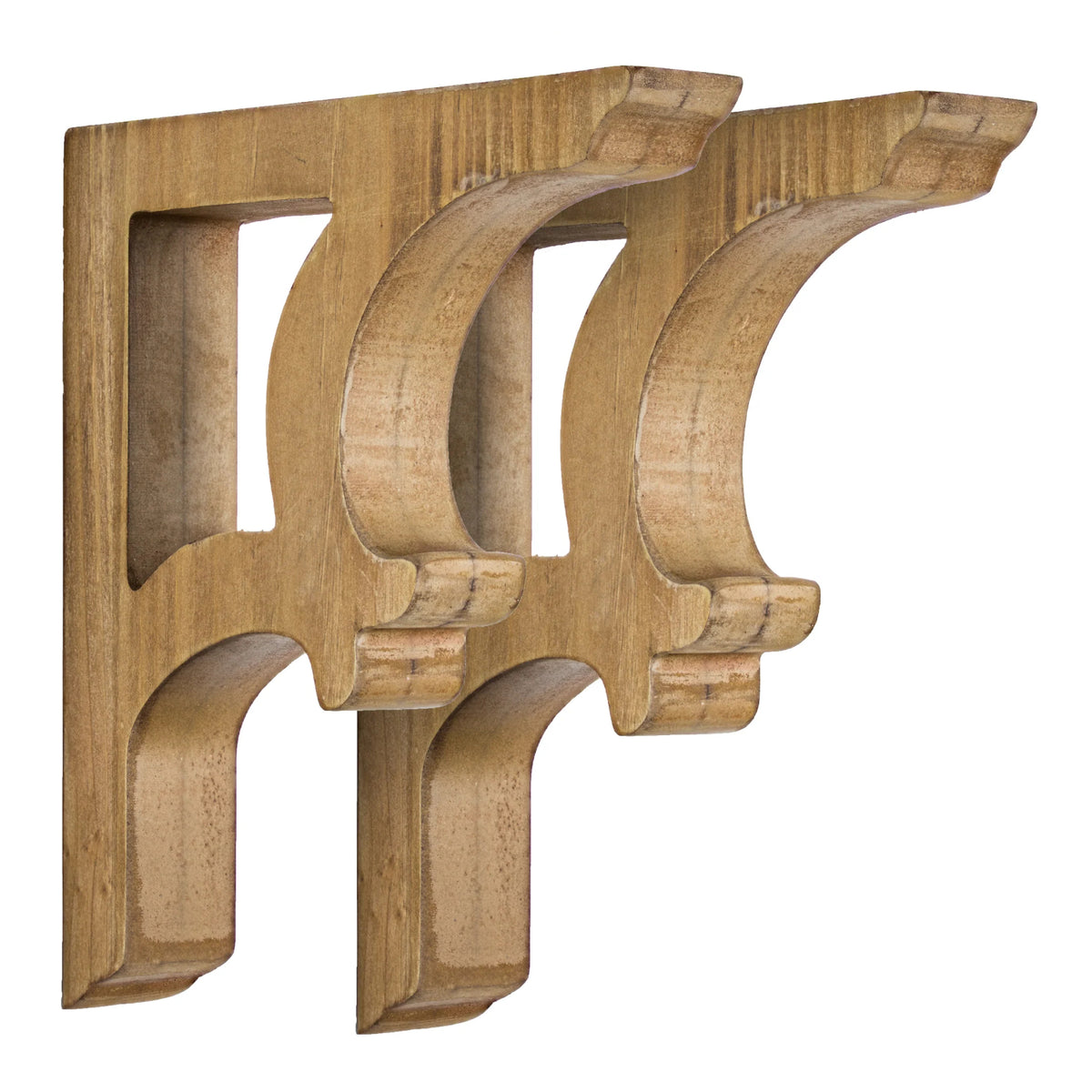 Set of two natural brown wood corbels with carved vintage curves and keyhole slots, styled as compact architectural accents for shelves, doorways, bookends and mantel displays.