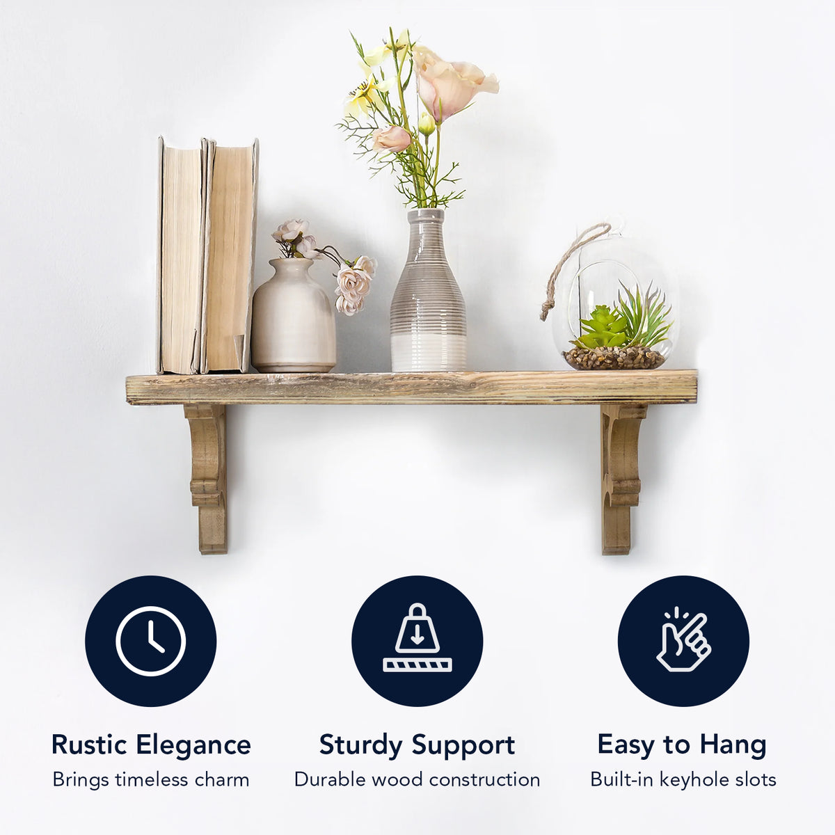 Set of two natural brown wood corbels with carved vintage curves and keyhole slots, styled as compact architectural accents for shelves, doorways, bookends and mantel displays.