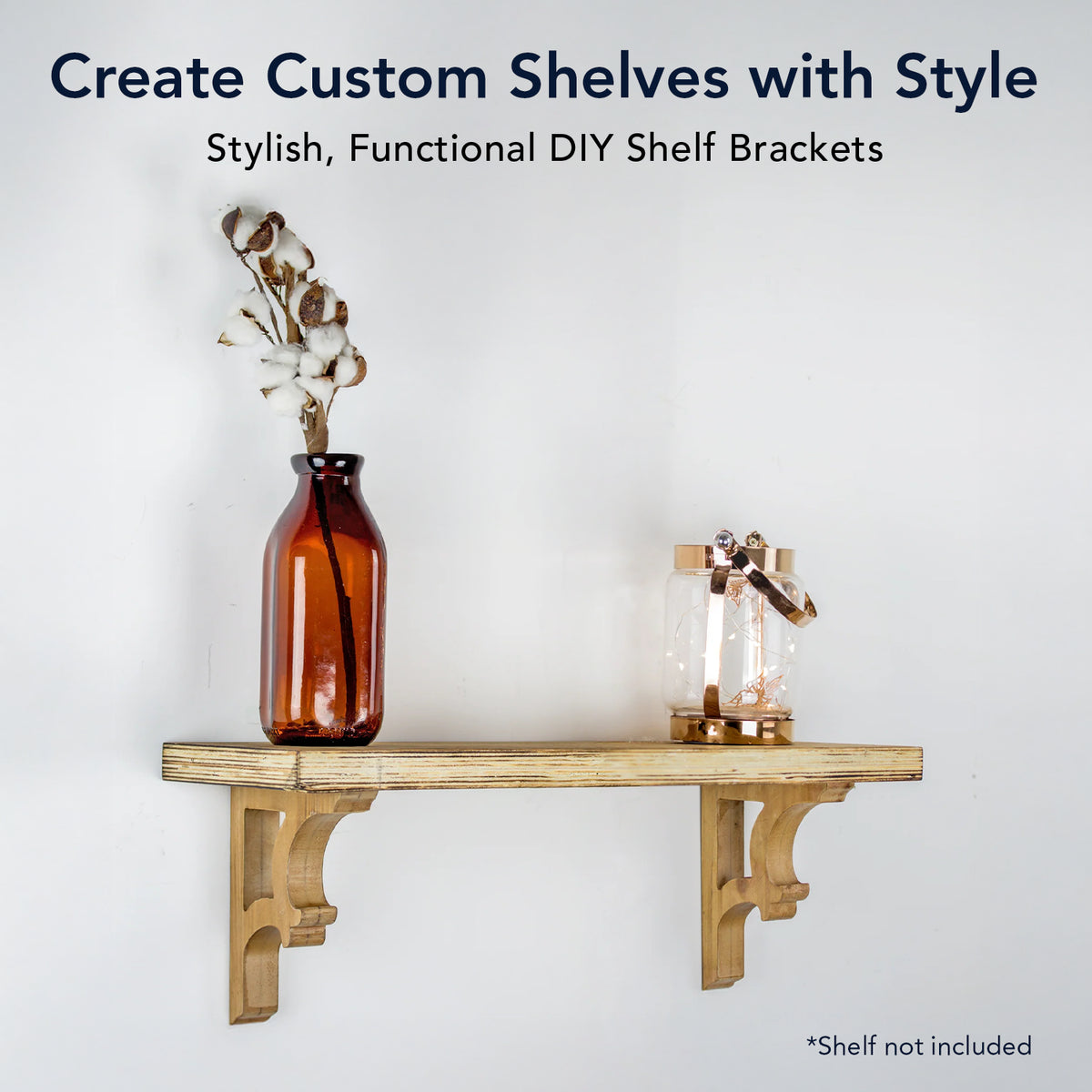Set of two natural brown wood corbels with carved vintage curves and keyhole slots, styled as compact architectural accents for shelves, doorways, bookends and mantel displays.