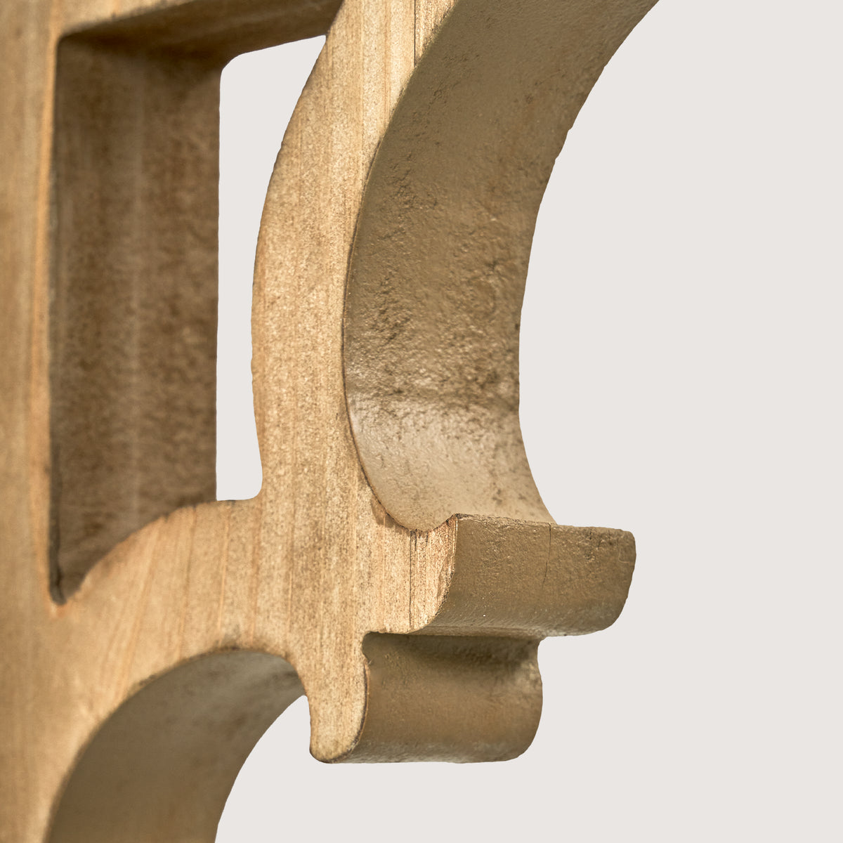 Set of two natural brown wood corbels with carved vintage curves and keyhole slots, styled as compact architectural accents for shelves, doorways, bookends and mantel displays.