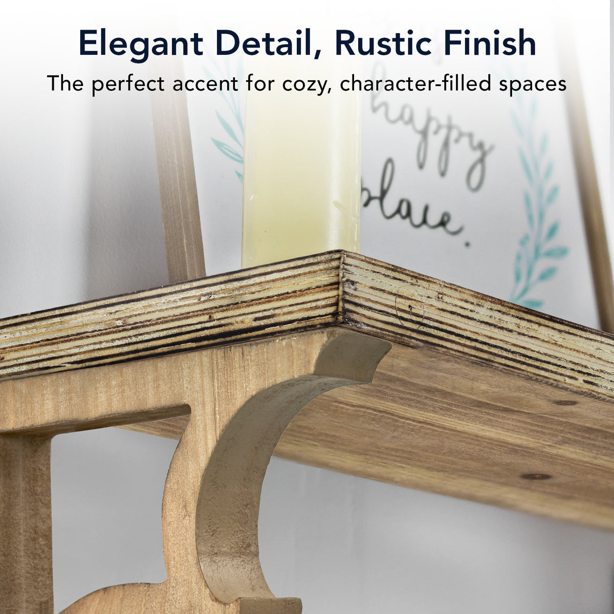 Set of two natural brown wood corbels with carved vintage curves and keyhole slots, styled as compact architectural accents for shelves, doorways, bookends and mantel displays.