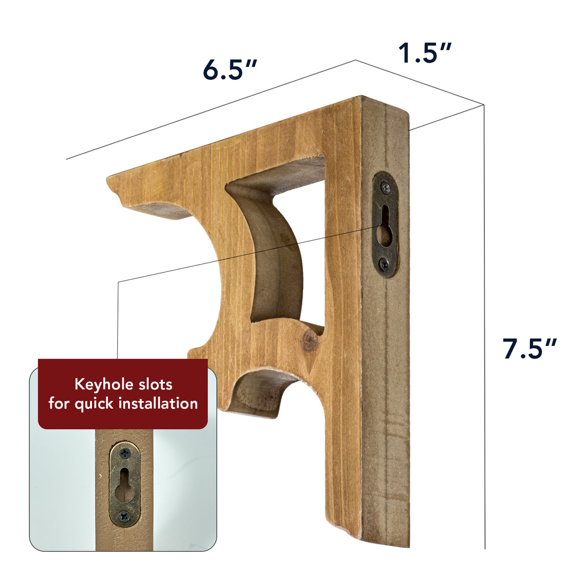 Set of two natural brown wood corbels with carved vintage curves and keyhole slots, styled as compact architectural accents for shelves, doorways, bookends and mantel displays.