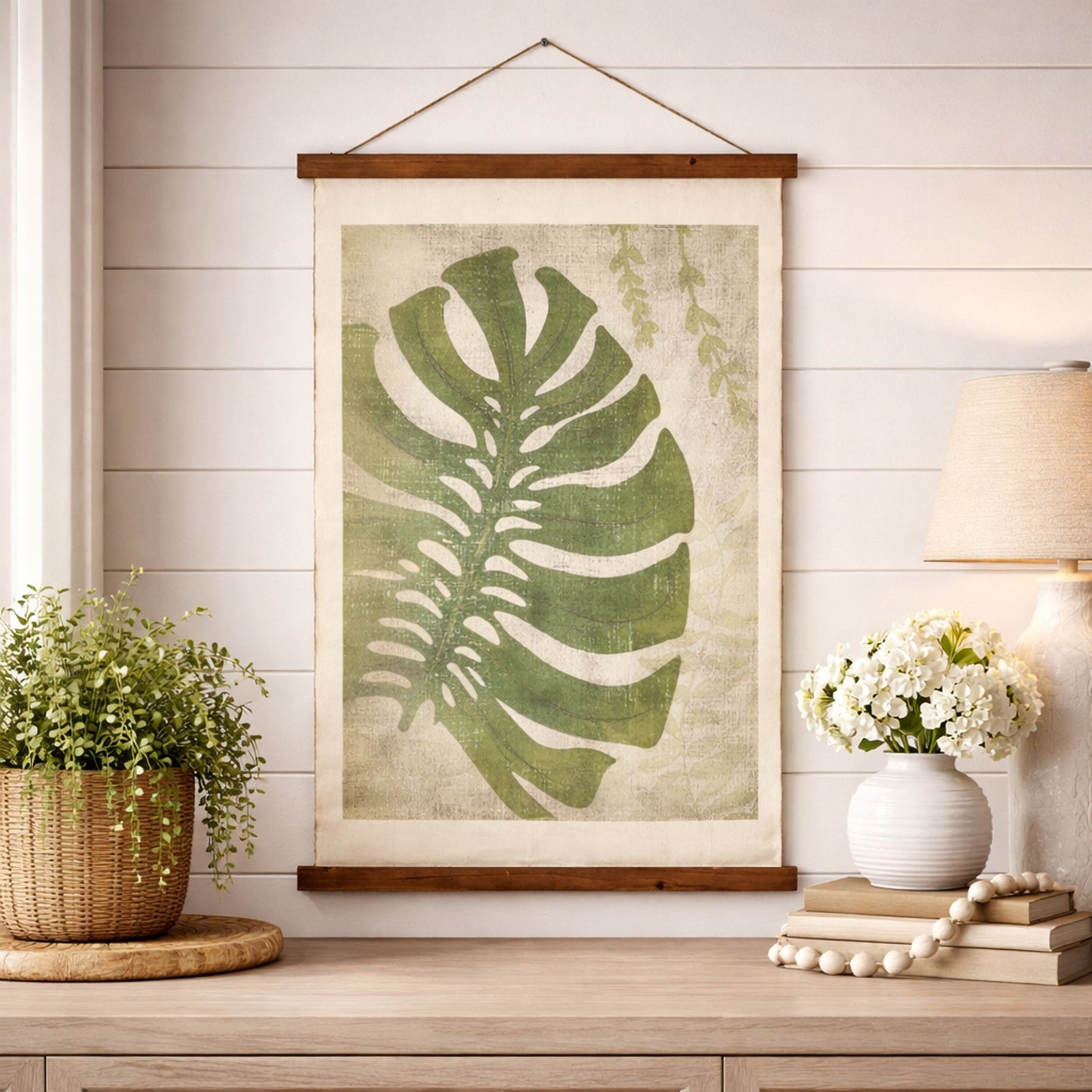 Monstera Leaf Scroll Tapestry with Rope Wall Art