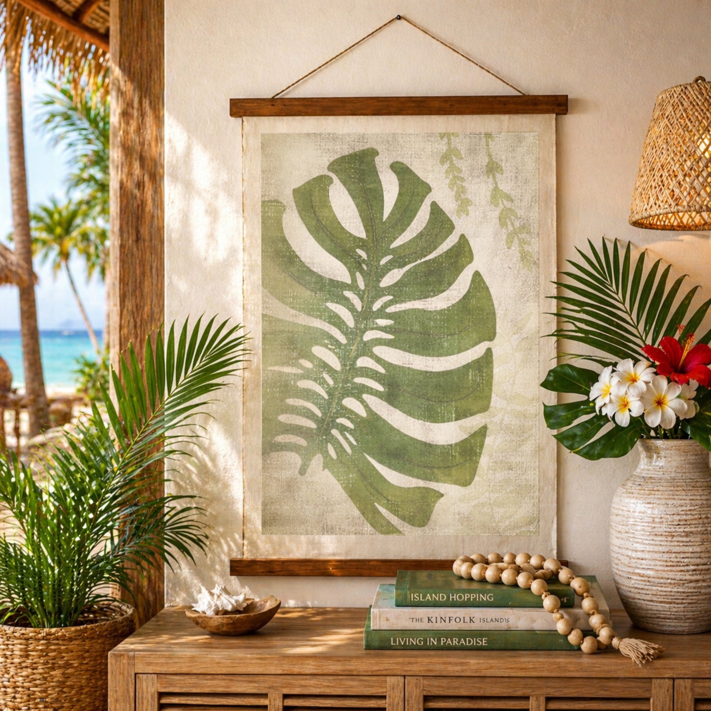 Monstera Leaf Scroll Tapestry with Rope Wall Art