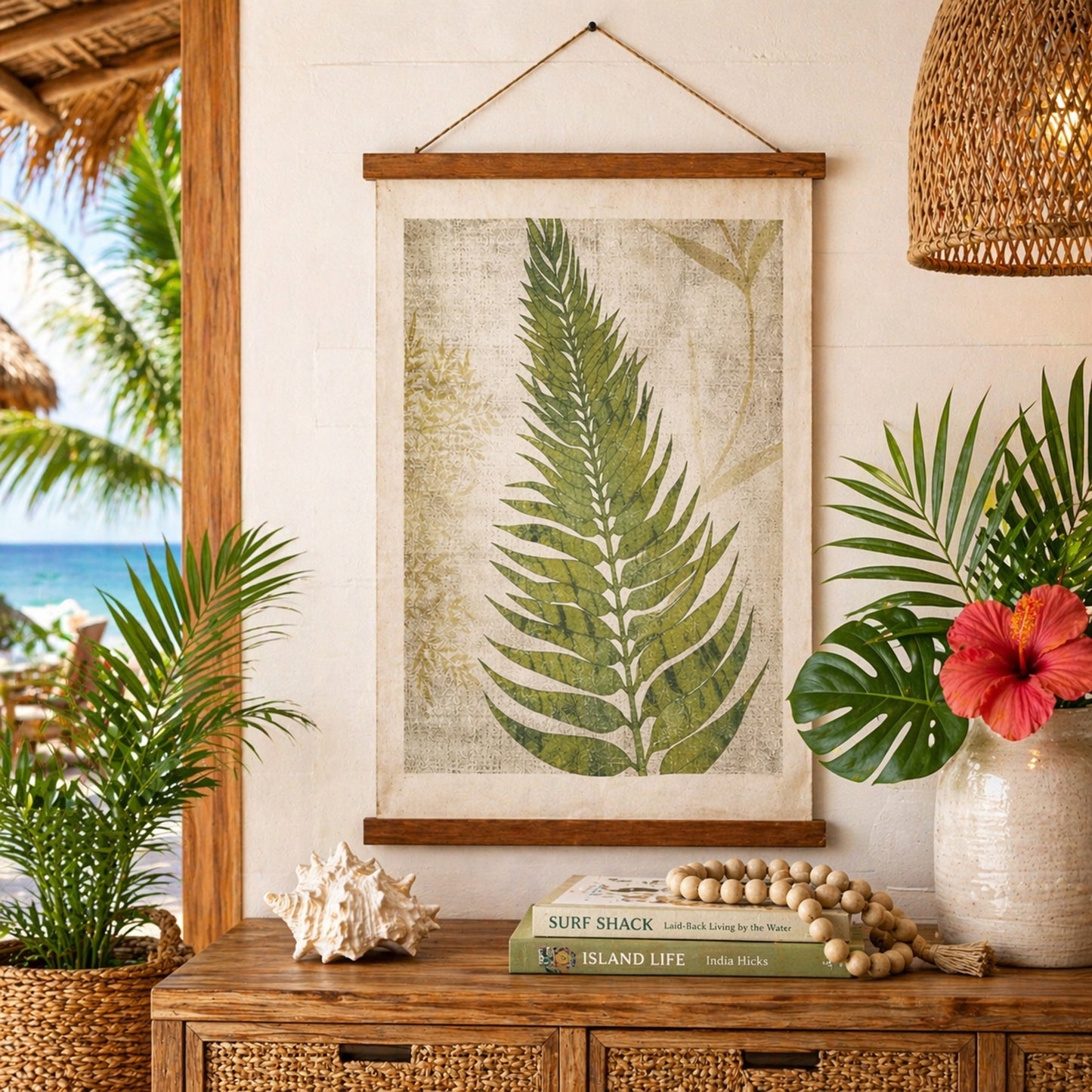 Fern Leaf Scroll Tapestry with Rope Wall Art