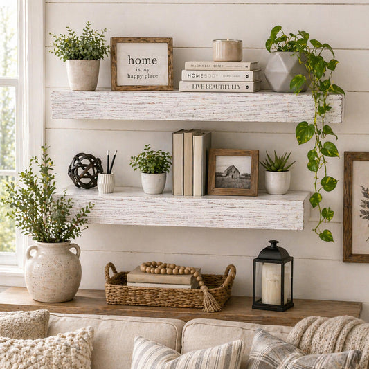 Whitewashed Wood Floating Wall Shelf - Small