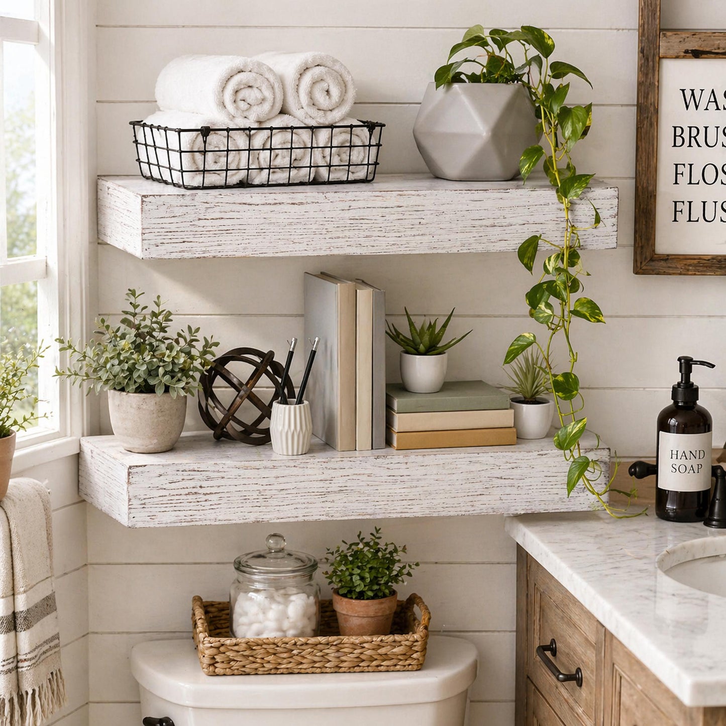 Whitewashed Wood Floating Wall Shelf - Small