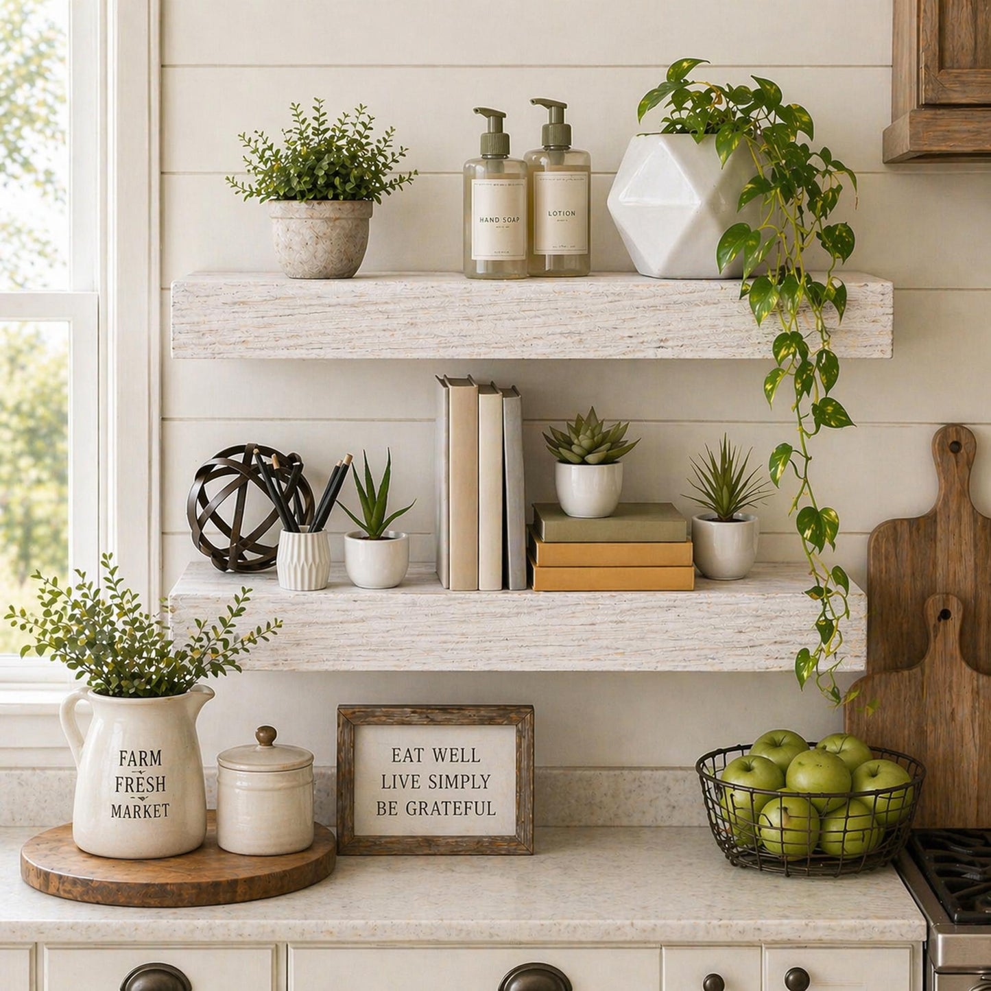 Whitewashed Wood Floating Wall Shelf - Large