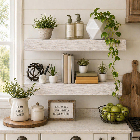Whitewashed Wood Floating Wall Shelf - Large