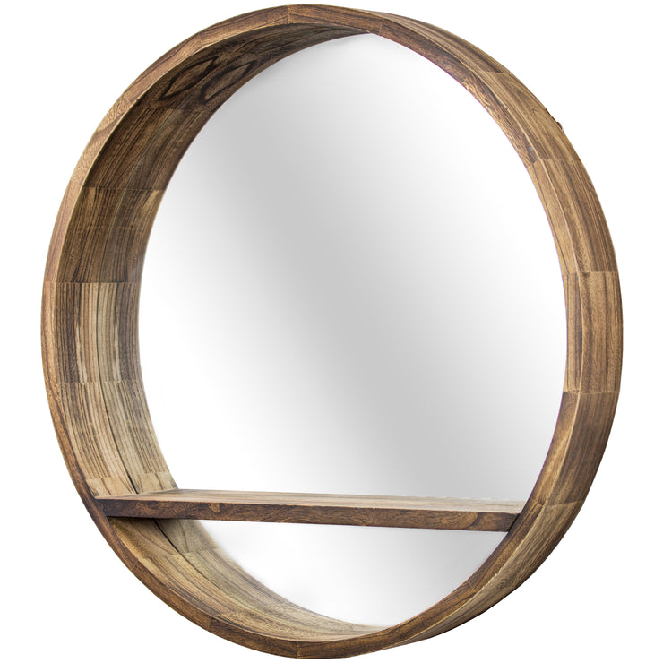 Round Wooden Wall Mirror with Storage Shelf - Brown (28")
