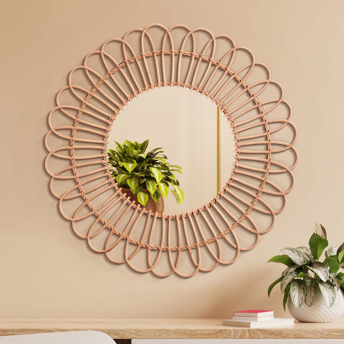 Boho Woven Rattan Sunburst Accent Wall Mirror, Natural - 25"