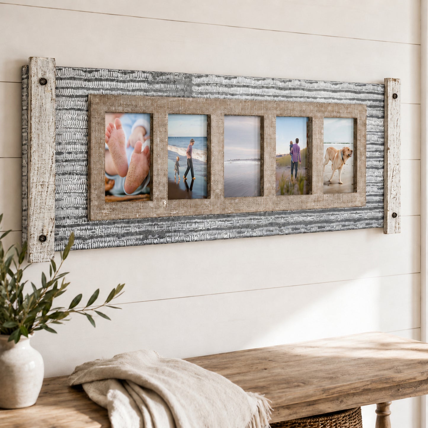 Rustic Wood and Metal Hanging 5 Picture Photo Frame