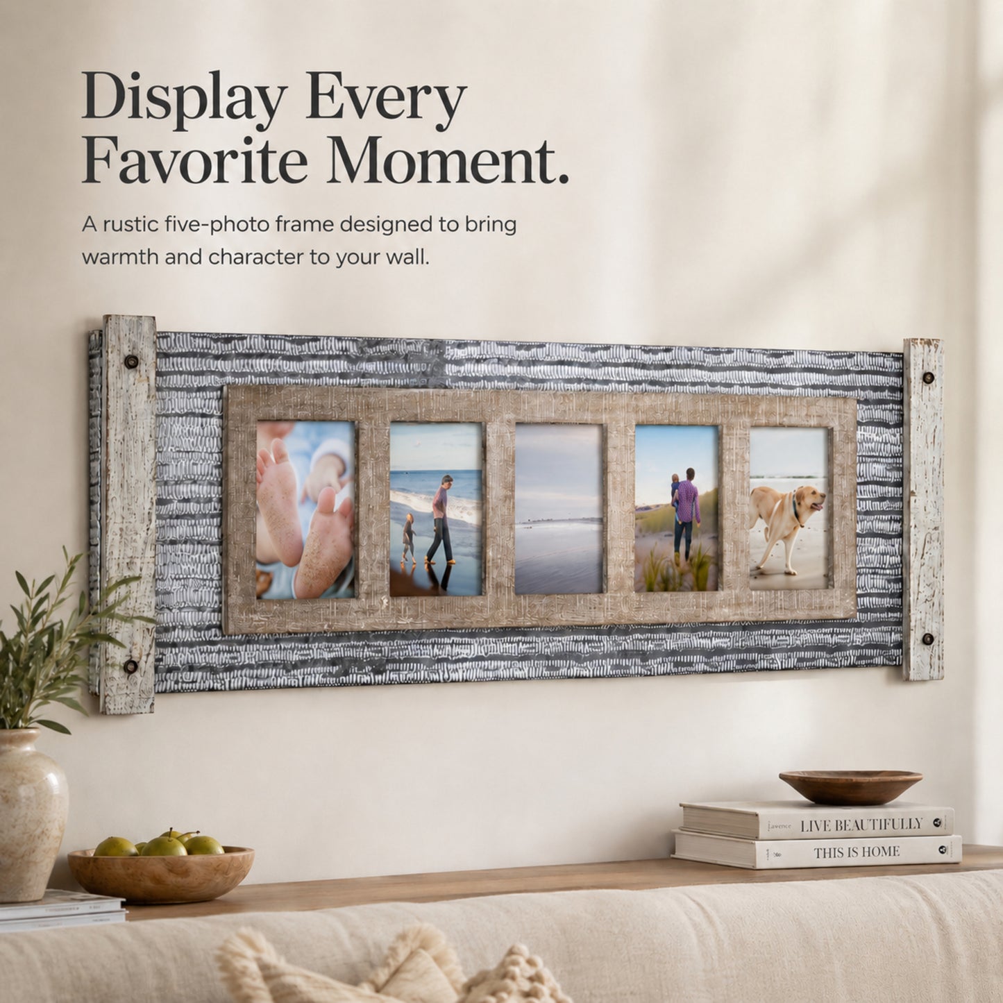 Rustic Wood and Metal Hanging 5 Picture Photo Frame