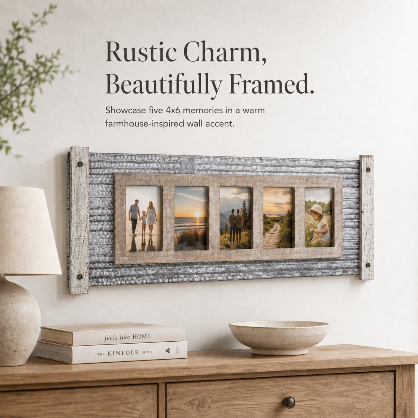 Rustic Wood and Metal Hanging 5 Picture Photo Frame