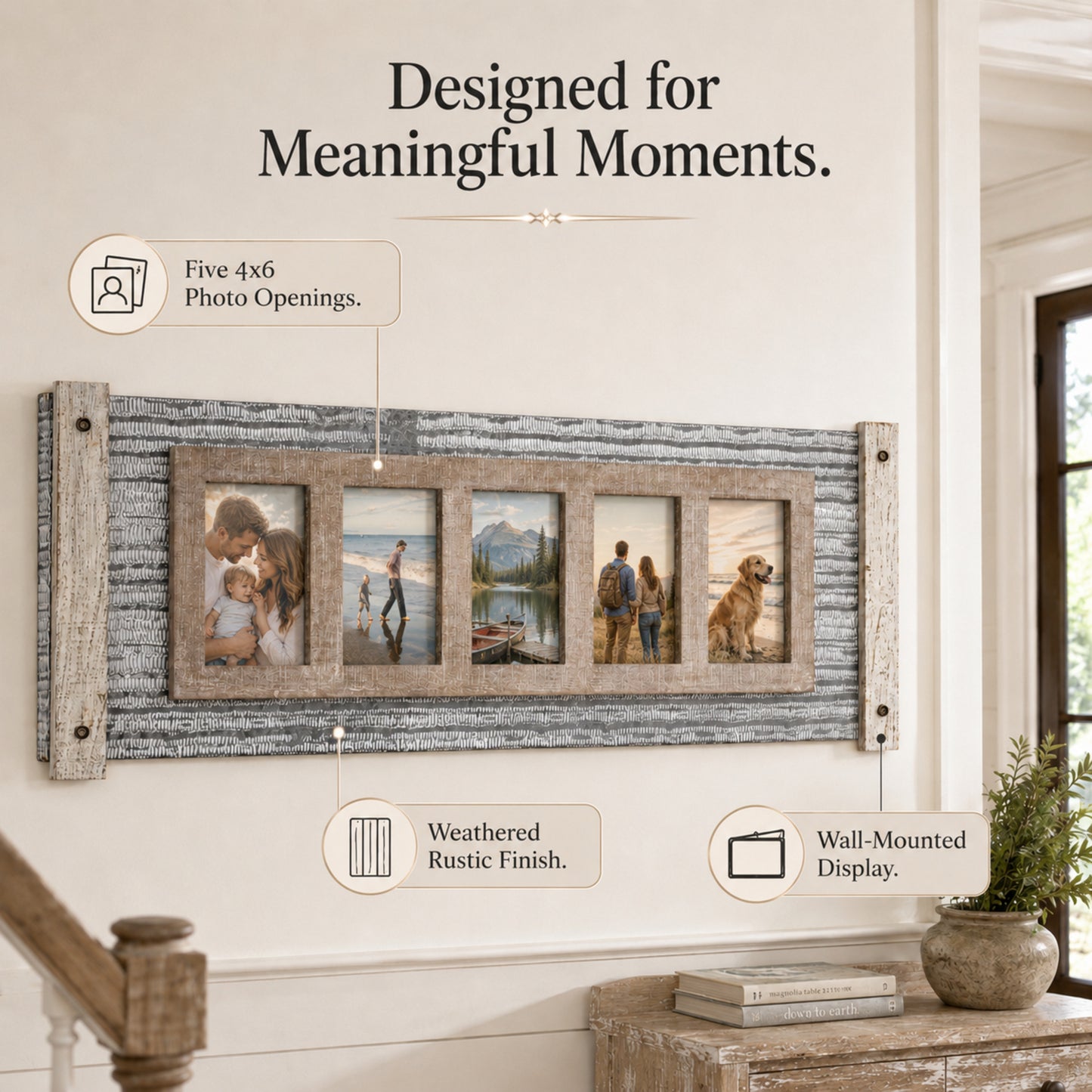 Rustic Wood and Metal Hanging 5 Picture Photo Frame