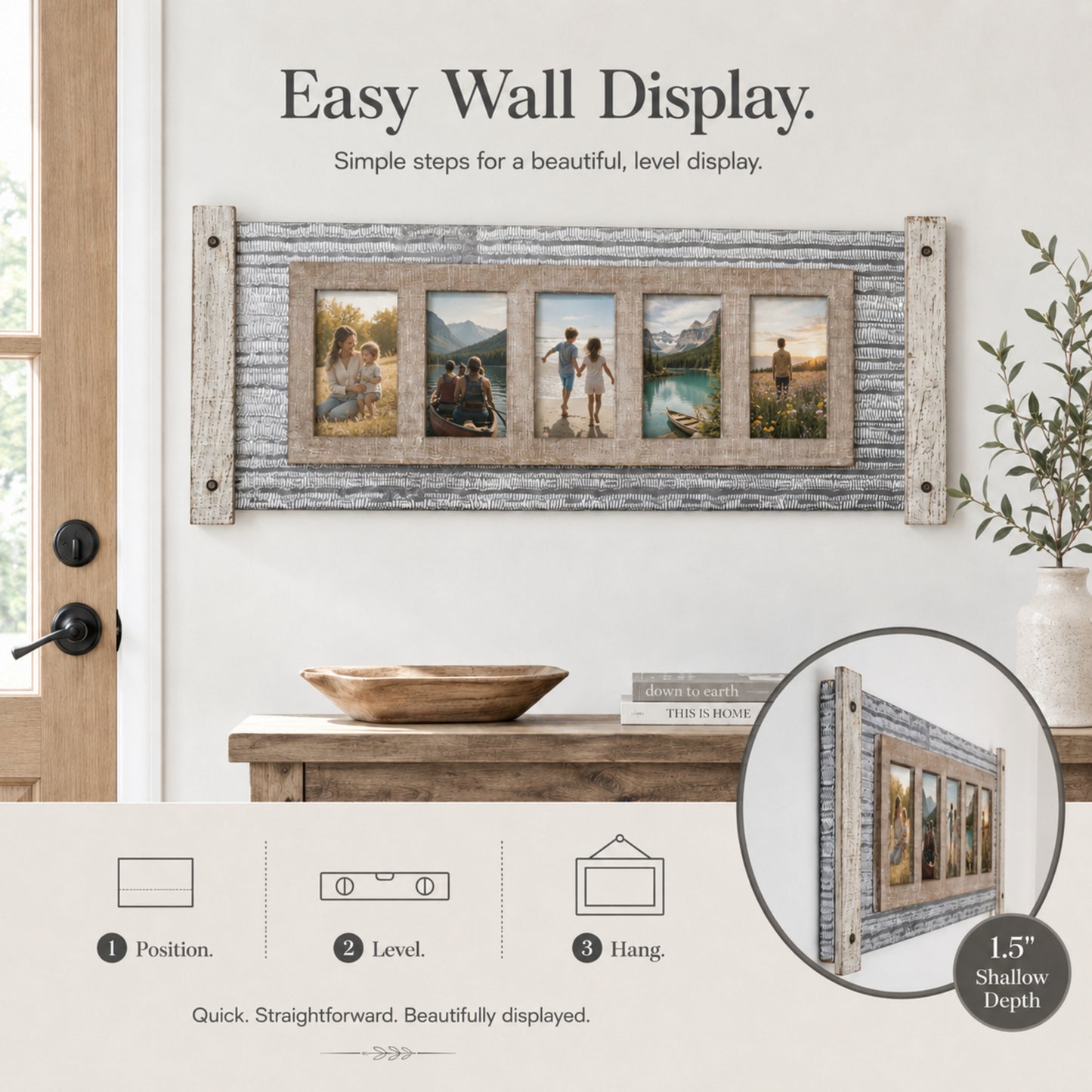 Rustic Wood and Metal Hanging 5 Picture Photo Frame