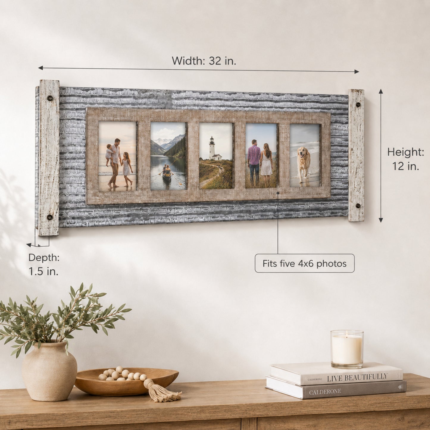 Rustic Wood and Metal Hanging 5 Picture Photo Frame