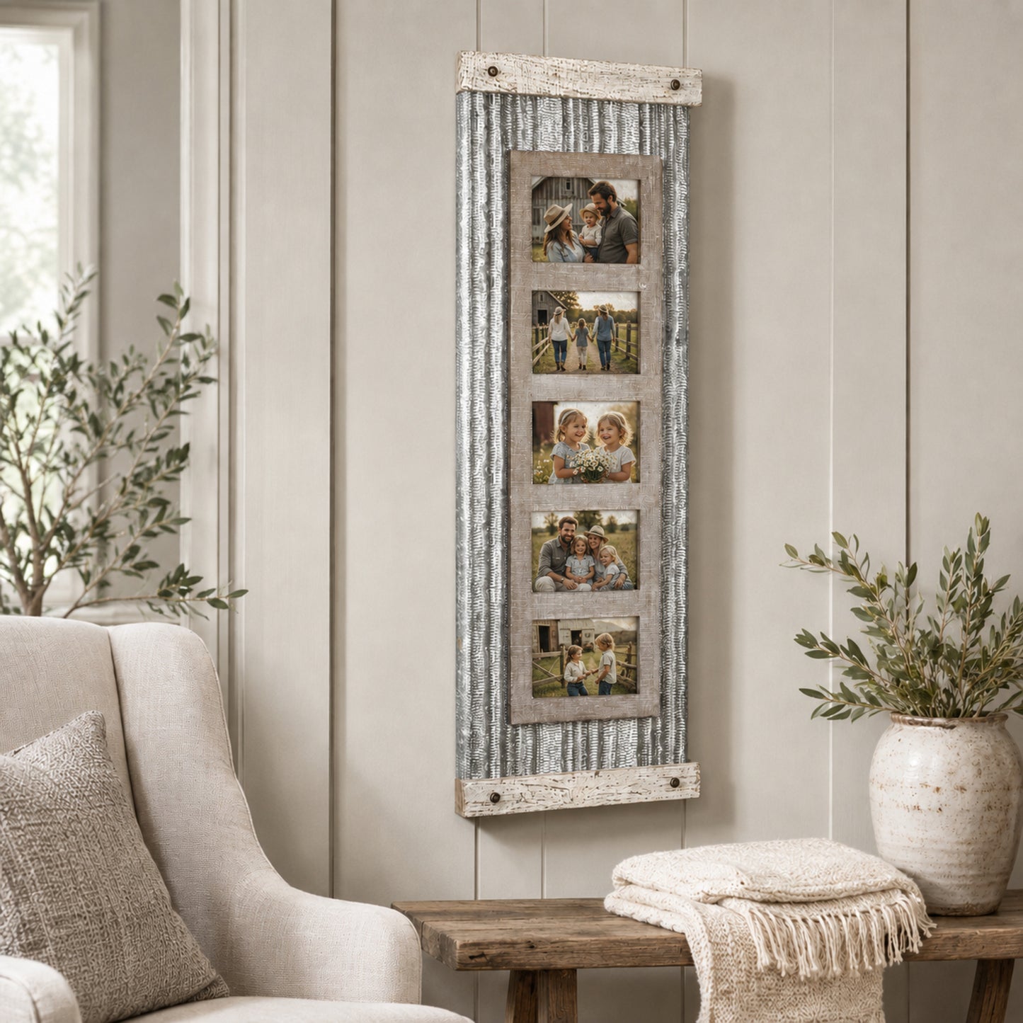 Rustic Wood and Metal Hanging 5 Picture Photo Frame