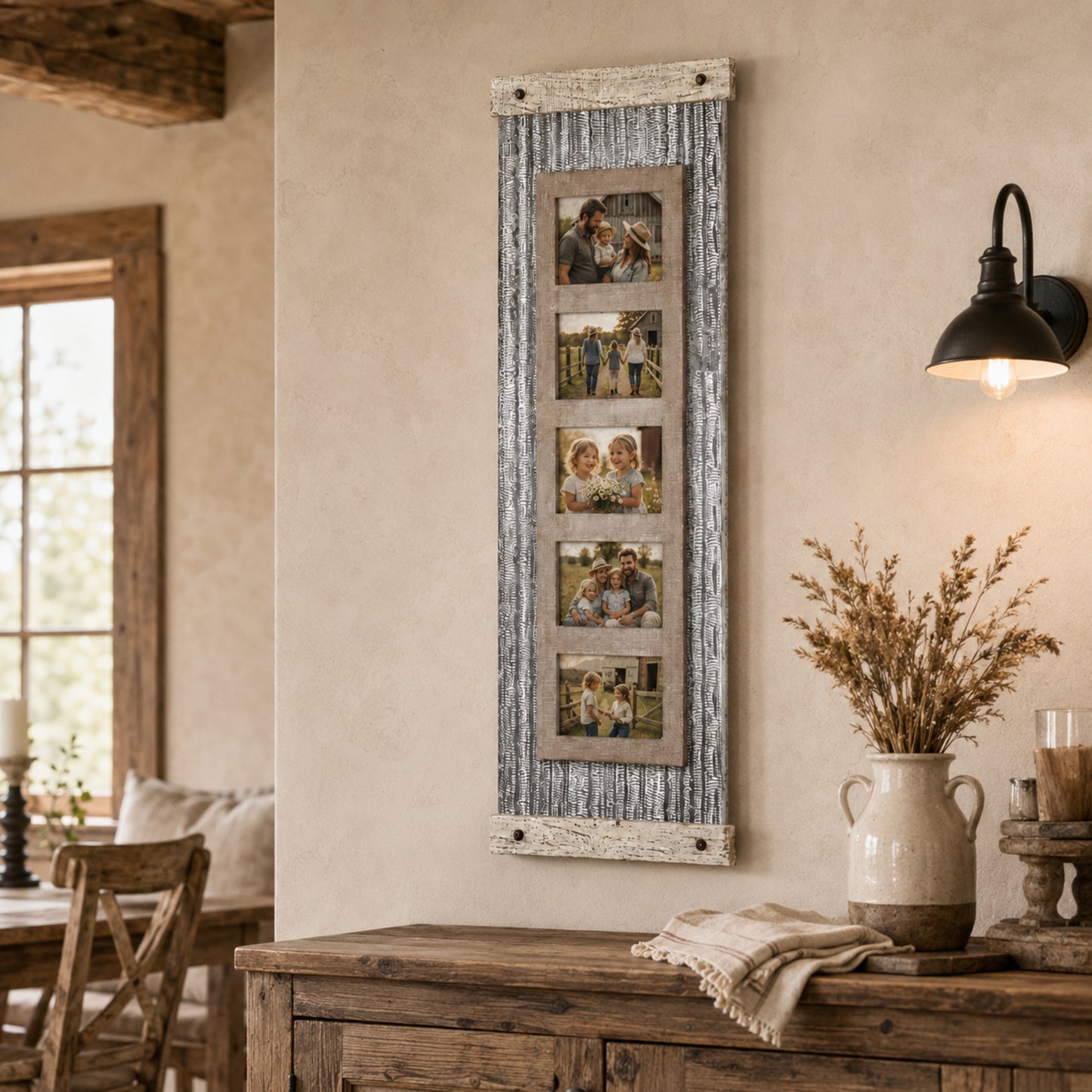 Rustic Wood and Metal Hanging 5 Picture Photo Frame