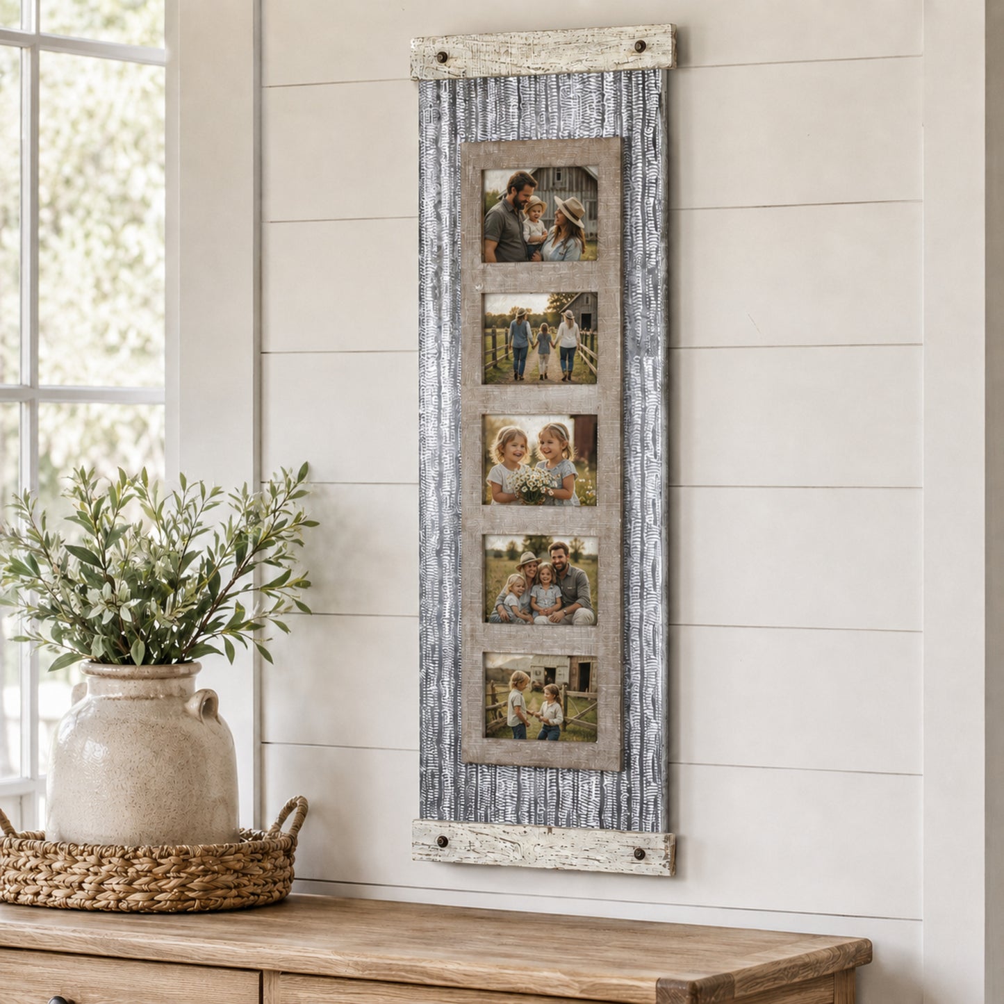 Rustic Wood and Metal Hanging 5 Picture Photo Frame