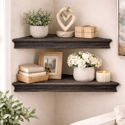 Beveled Wood Floating Corner Shelves (Set of 2) - Black