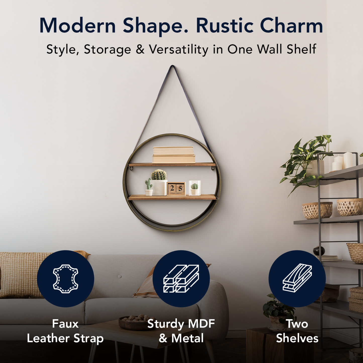 Metal and Wood Round Hanging Wall Shelf with Strap (33" x 19")