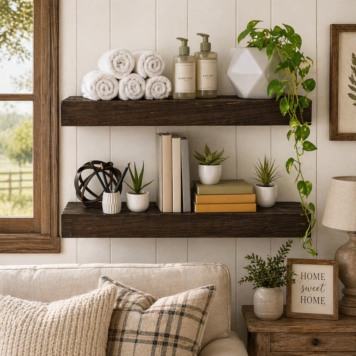 Rustic Wood Floating Wall Shelf - Large/Dark Brown