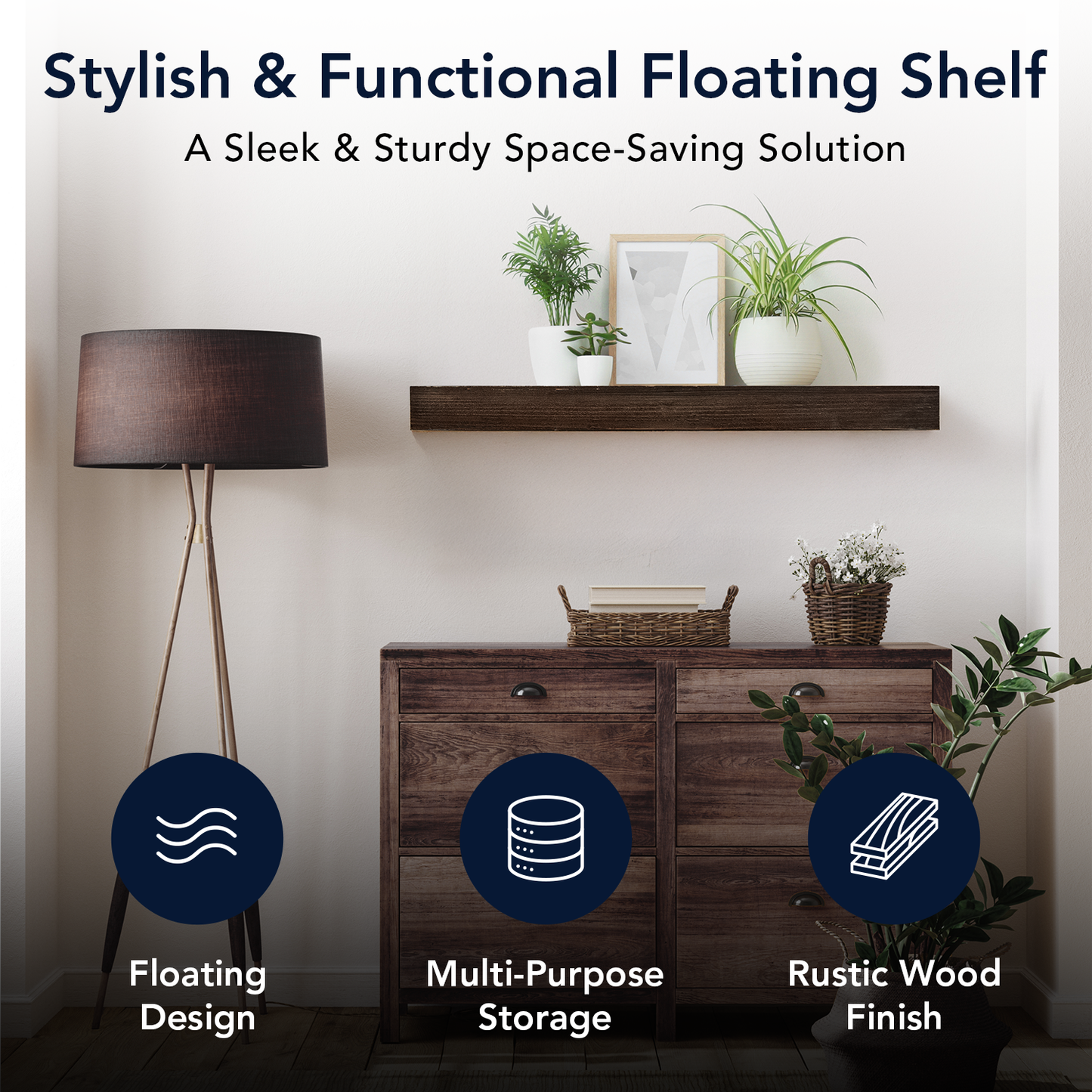 Rustic Wood Floating Wall Shelf - Large/Grey