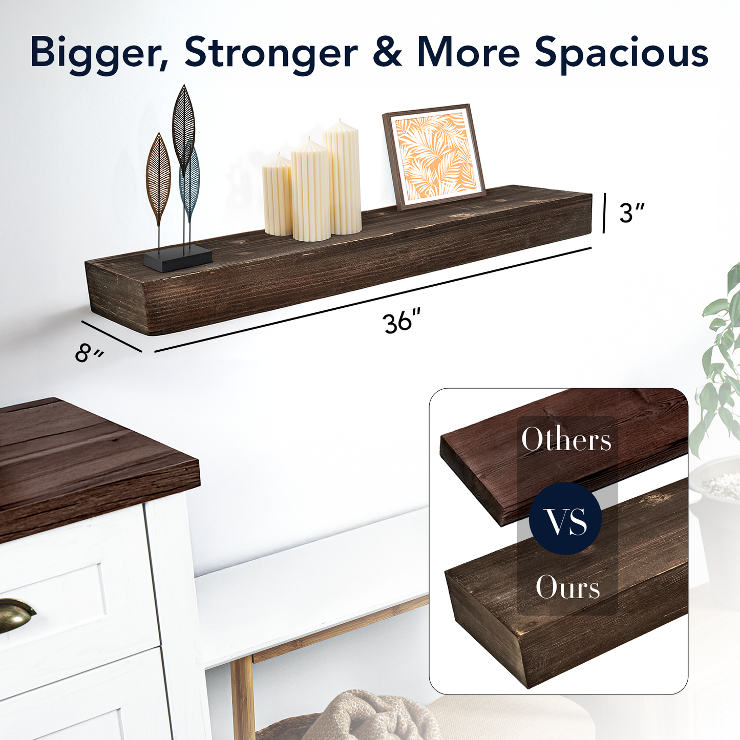 Rustic Wood Floating Wall Shelf - Large/Grey