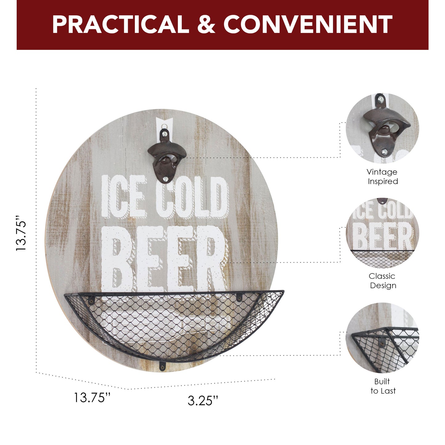 Wood-Textured 'Ice Cold Beer' Bottle Opener & Cap Catcher - 14"