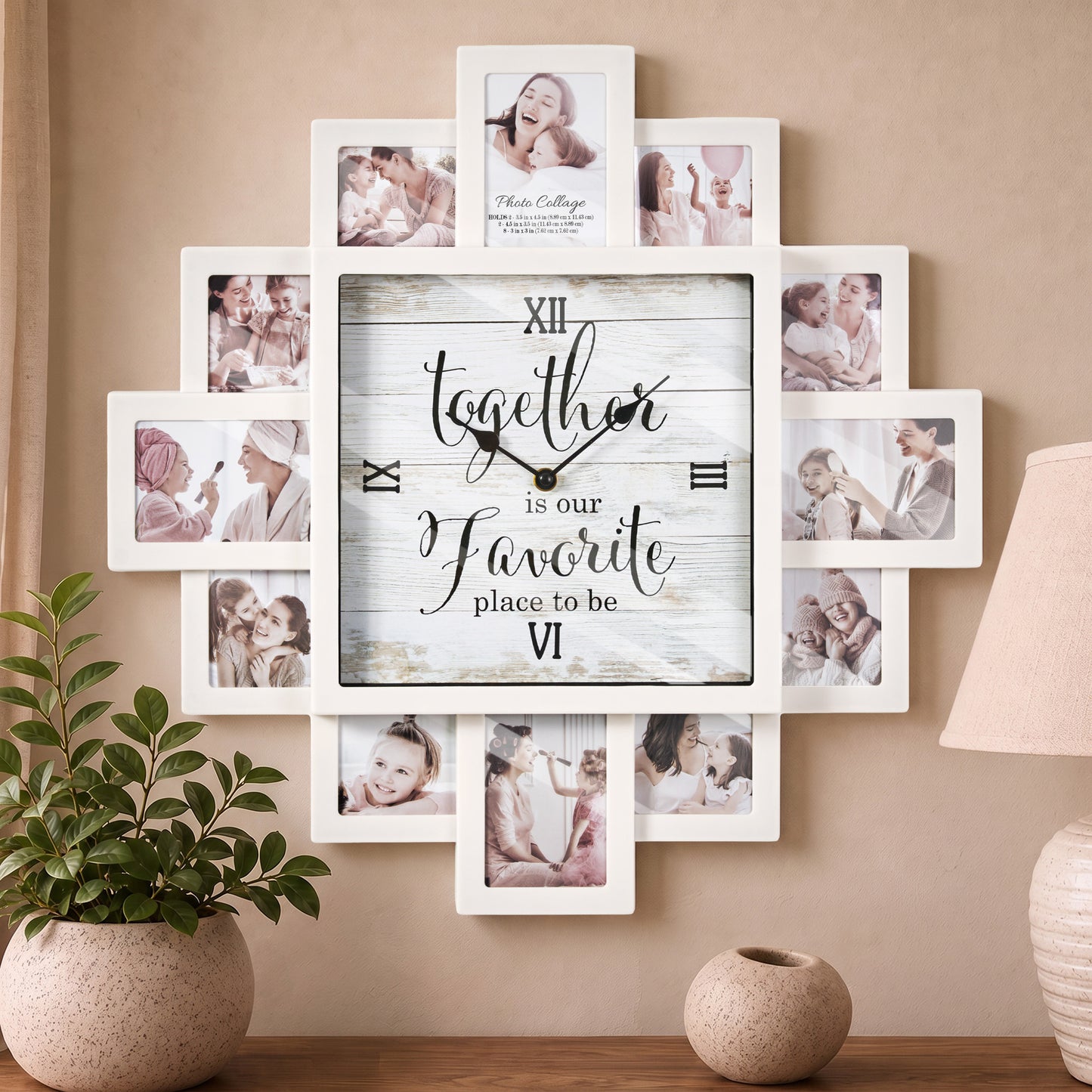 White 20 x 20 farmhouse photo collage wall clock with 12 picture openings around a “Together is our favorite place to be” clock face for nursery, bedroom and family wall decor.