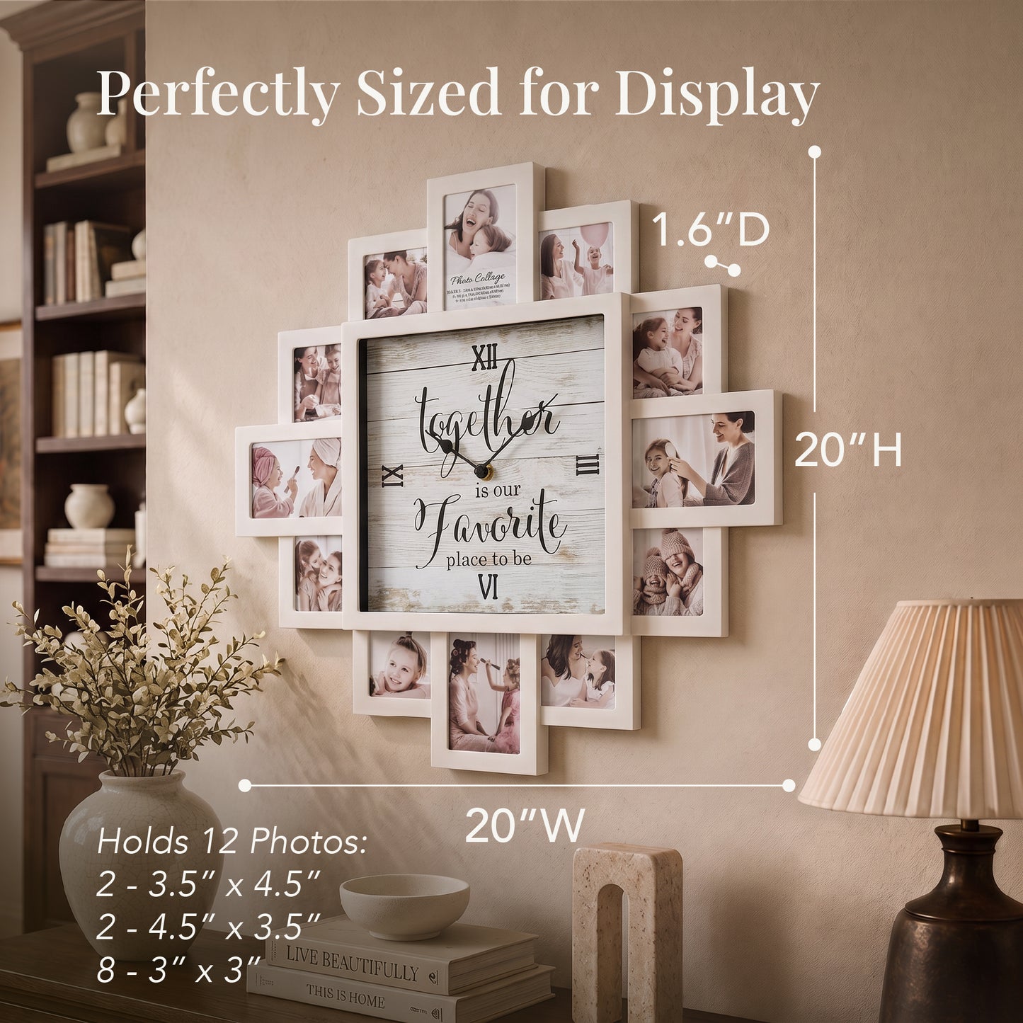 White 20 x 20 farmhouse photo collage wall clock with 12 picture openings around a “Together is our favorite place to be” clock face for nursery, bedroom and family wall decor.