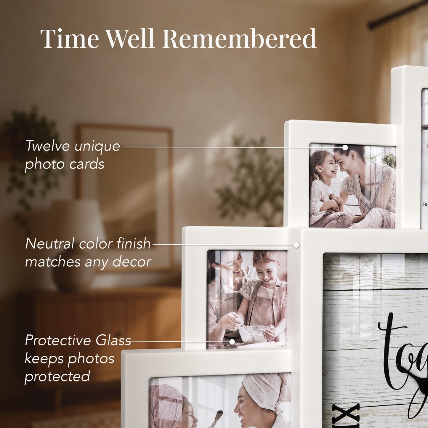 White 20 x 20 farmhouse photo collage wall clock with 12 picture openings around a “Together is our favorite place to be” clock face for nursery, bedroom and family wall decor.