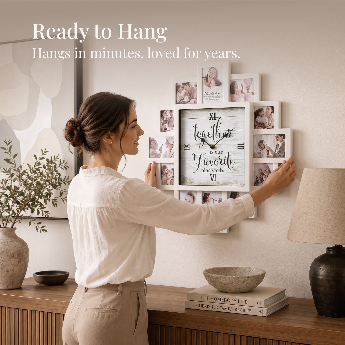 White 20 x 20 farmhouse photo collage wall clock with 12 picture openings around a “Together is our favorite place to be” clock face for nursery, bedroom and family wall decor.