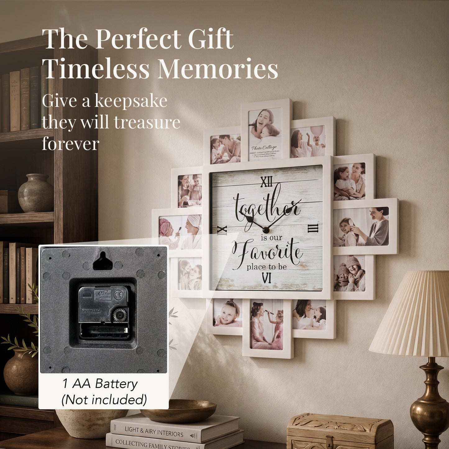 White 20 x 20 farmhouse photo collage wall clock with 12 picture openings around a “Together is our favorite place to be” clock face for nursery, bedroom and family wall decor.