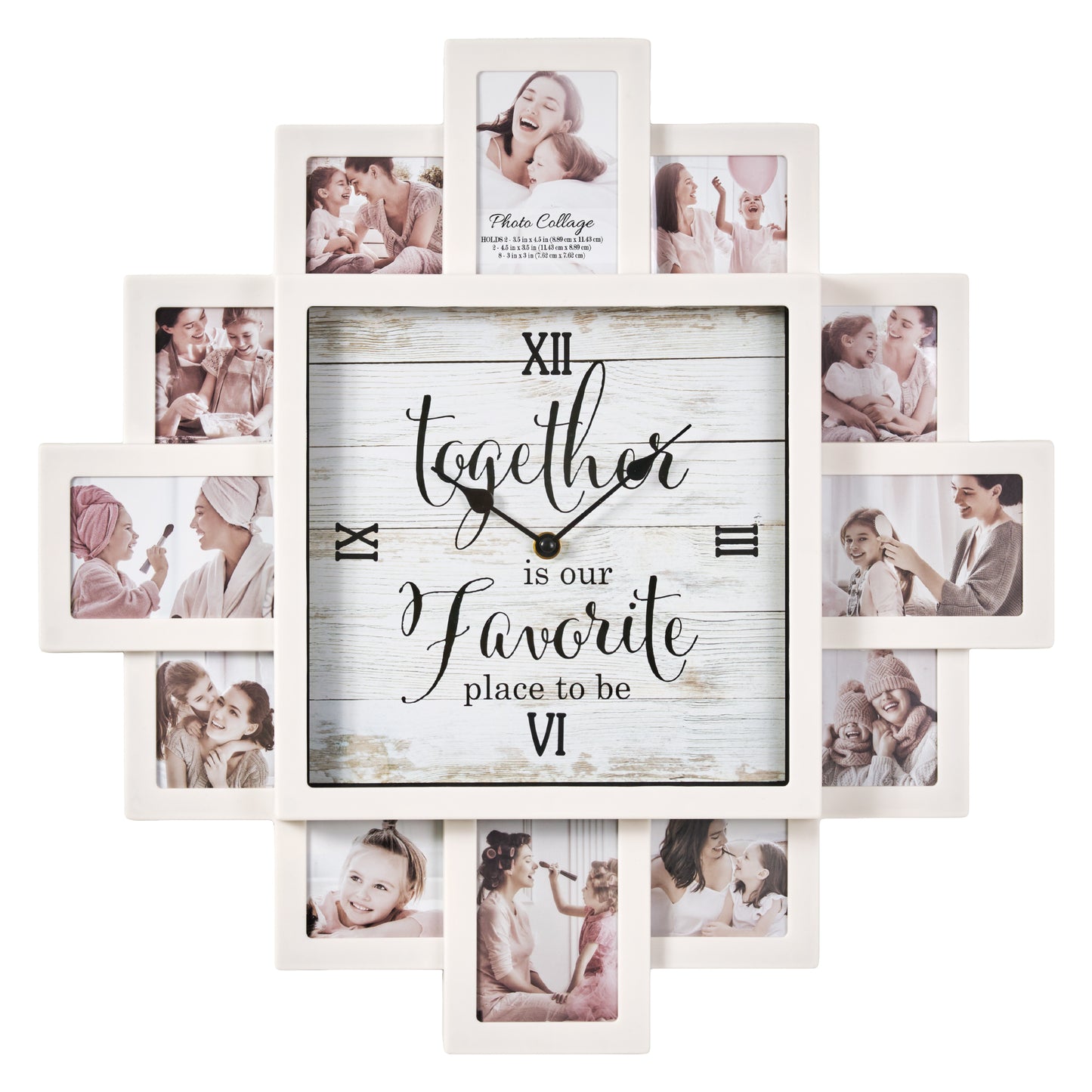 White 20 x 20 farmhouse photo collage wall clock with 12 picture openings around a “Together is our favorite place to be” clock face for nursery, bedroom and family wall decor.