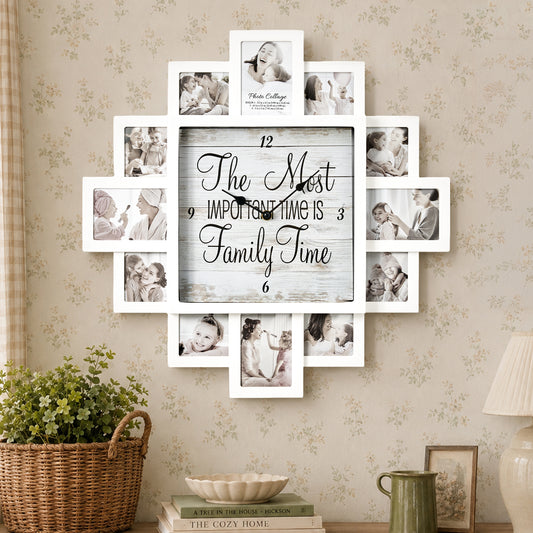 White Farmhouse Shabby-Chic "Family Time" Picture Frame Wall Collage Clock