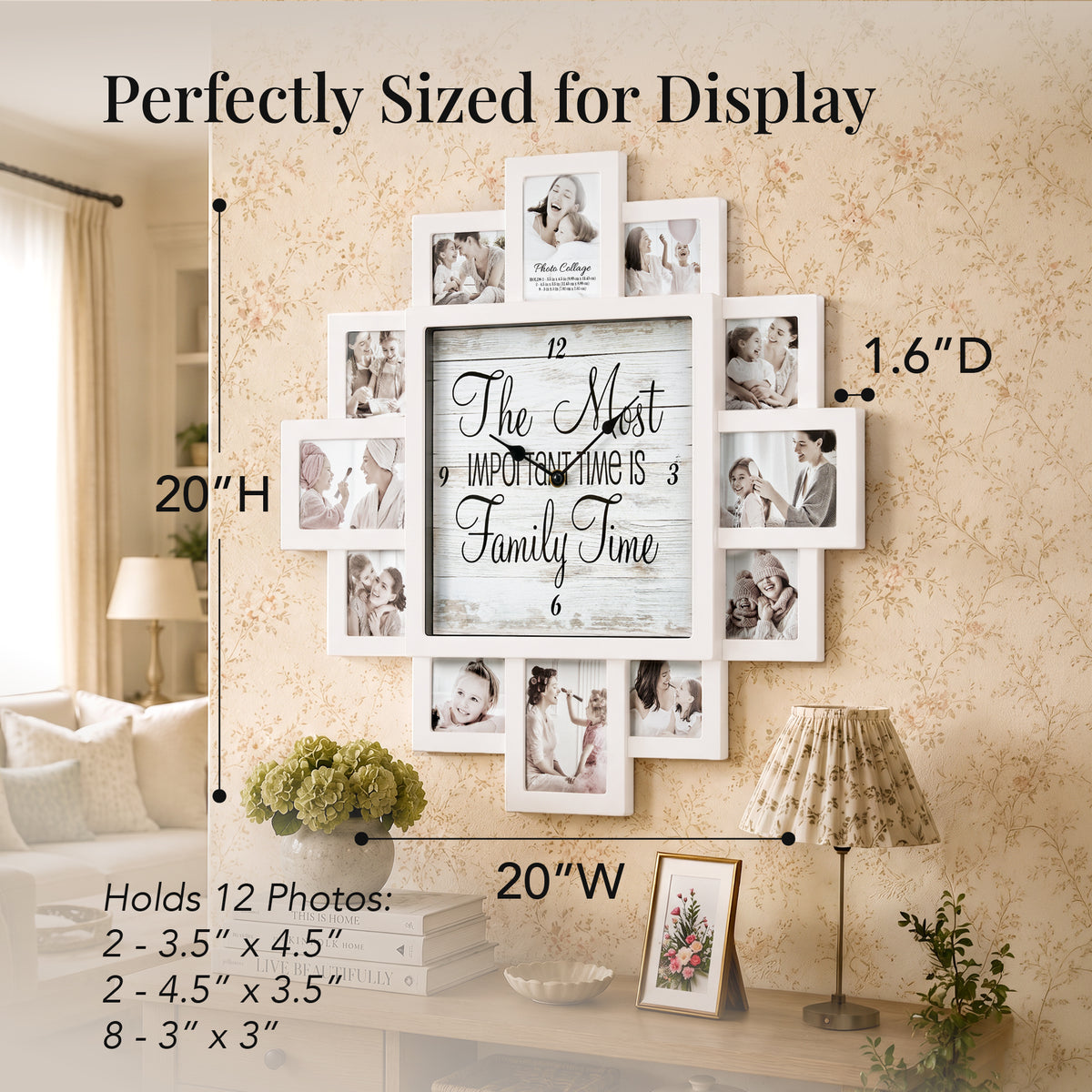 White Farmhouse Shabby-Chic "Family Time" Picture Frame Wall Collage Clock