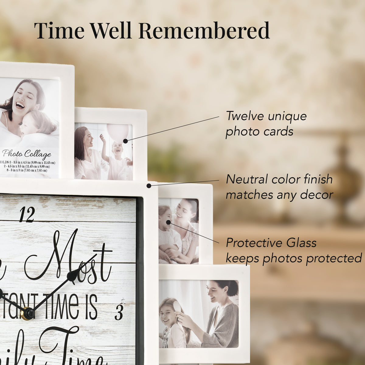 White Farmhouse Shabby-Chic "Family Time" Picture Frame Wall Collage Clock
